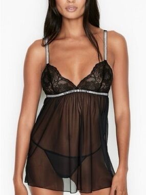 Victoria’s Secret shine strap mesh & lace babydoll black lingerie top